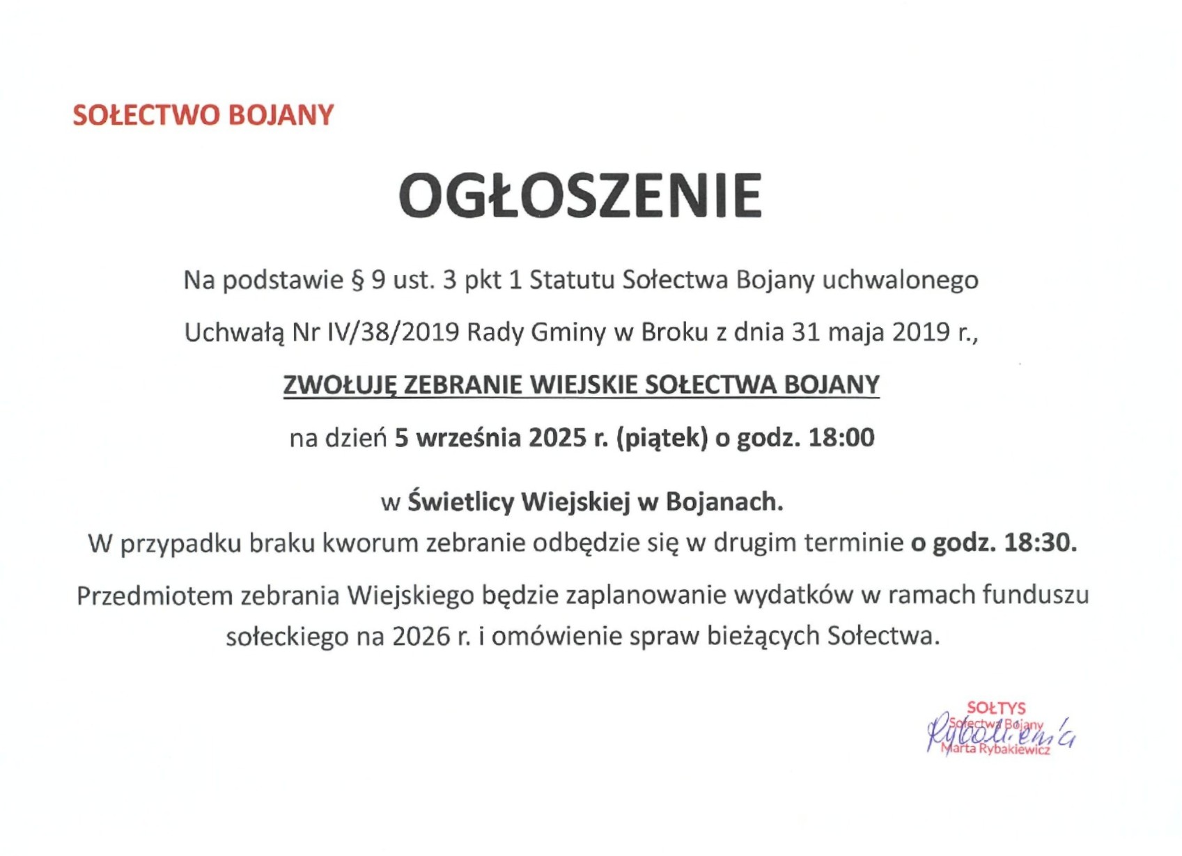 Zebranie wiejskie sołectwa Bojany