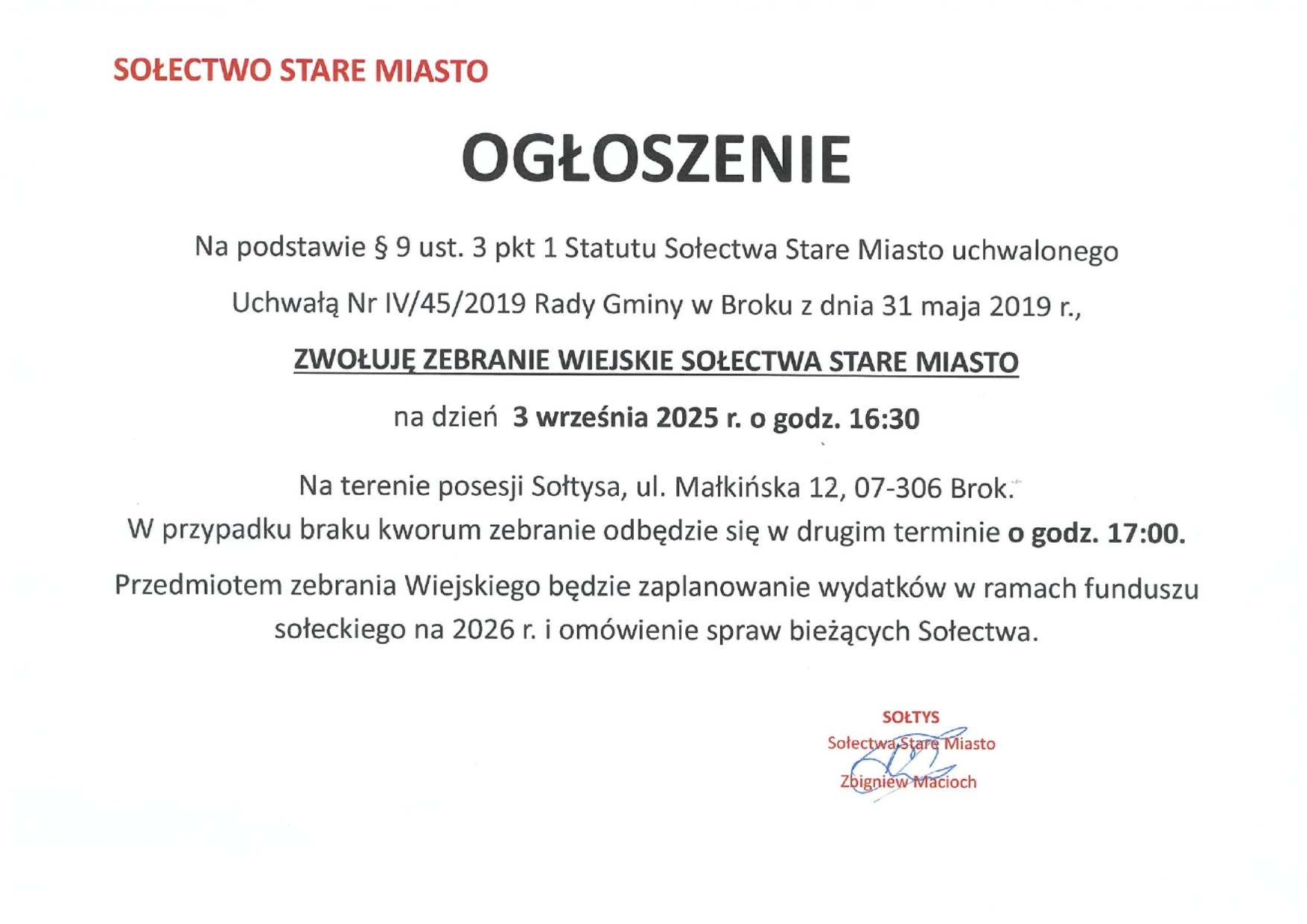  Zebranie wiejskie sołectwa Stare Miasto