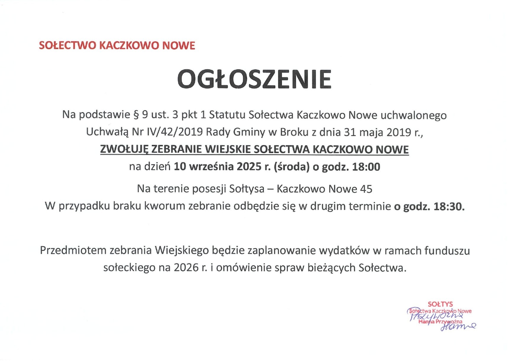 Zebranie wiejskie sołectwa Kaczkowo Nowe