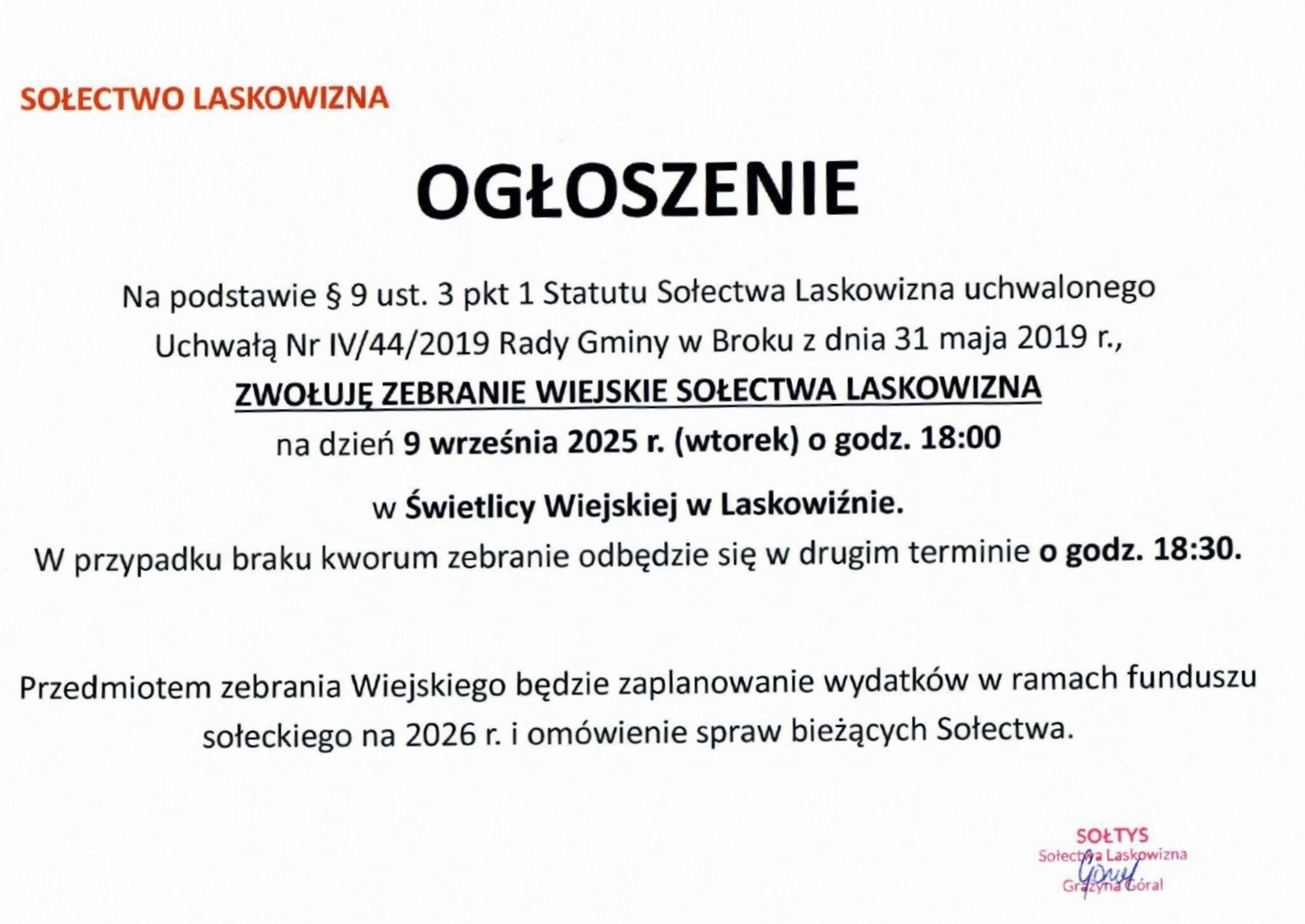 Zebranie wiejskie sołectwa Laskowizna