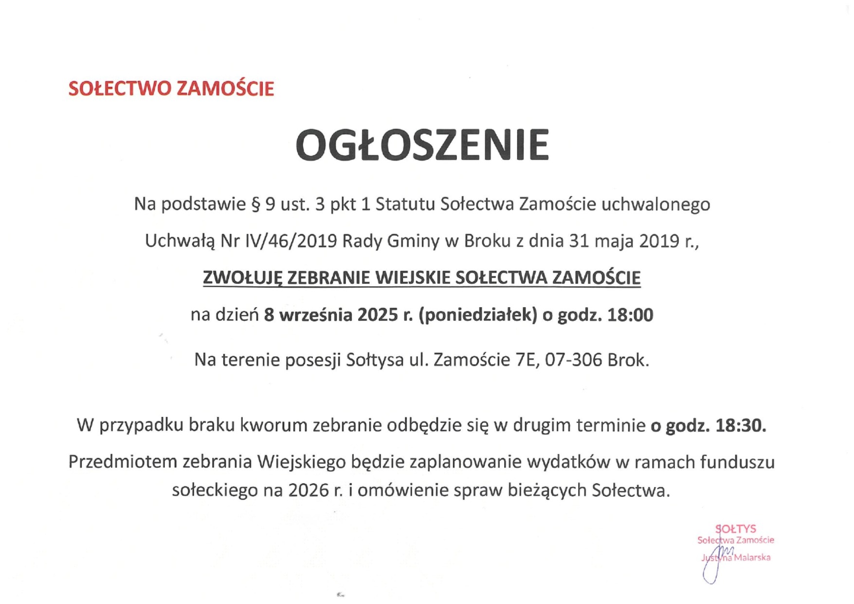 Zebranie wiejskie sołectwa Zamoście