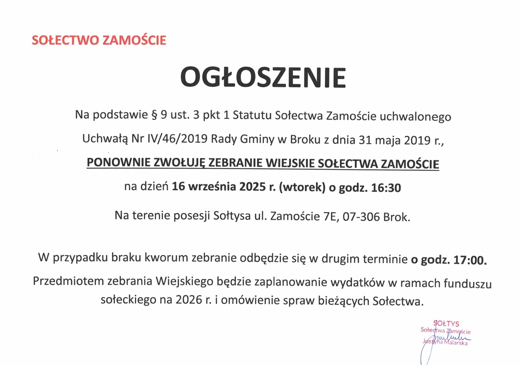 Zebranie wiejskie sołectwa Zamoście